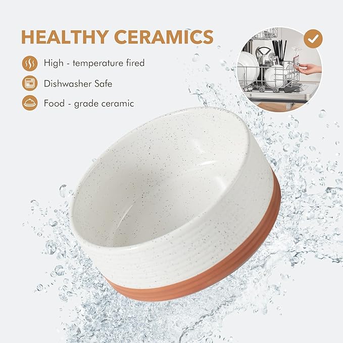 Ceramic 6.1inch Raised Double Dog Bowls Set with Acacia Wood Stand, 2 Heights Elevated, Food & Water Bowls for Small Dogs(28.2oz, Vanilla White)