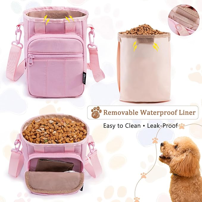Stylish Dog Training Treat Pouch with Waist & Shoulder Strap, Dog Treat Bag for Walking and Training, Removable Waterproof Liner, Drawstring Treat Holder with Front Pocket & Clicker