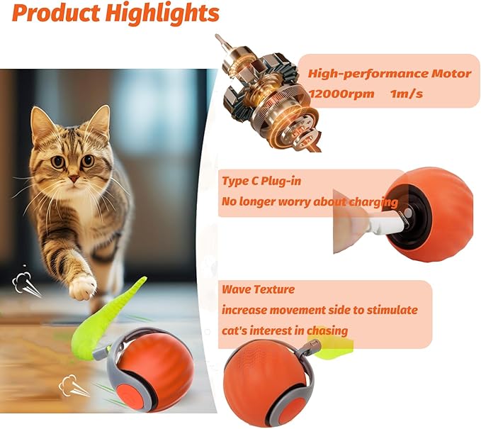 Upgraded Speedy Interactive Cat Ball 4.0 Toys with 2 Optional Tails, Smart Moving Ball Cat Toy for Bored Indoor Cats, Rechargeable & Detachable Automatic Kitten Rolling Balls Toy (Orange)