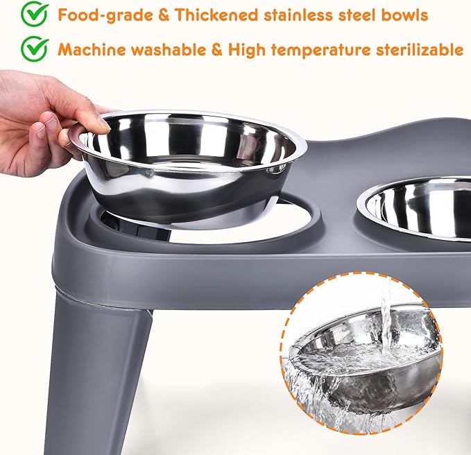 Petizer Small Sized Elevated Dog Bowls, No Spill Pet Feeder, Raised Bowl Stand with 2 Thick 35OZ Stainless Steel Food and Water Bowl Set, Grey (for Small/Medium Dogs)