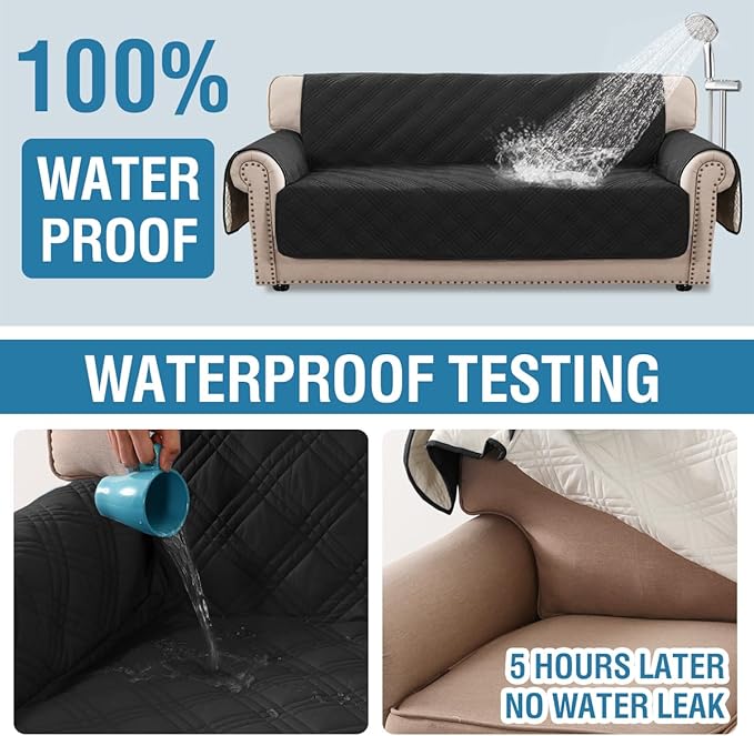 H.VERSAILTEX 100% Waterproof Sofa Covers for 3 Cushion Couch Modern Couch Cover for Dogs Washable Thick Soft Furniture Protector with Elastic Straps (Sofa, Black/Beige)