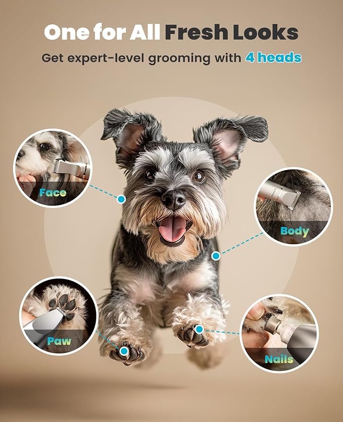 oneisall 4 in 1 Dog Grooming Kit with LCD Display, Dog Hair Trimmer for Paw Nail Grinder, Rechargeable Cordless Low Noise IPX7 Waterproof Pet Clippers