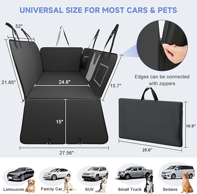 PU Leather Dog Car Seat Cover for Back Seat – Back Seat Extender for Dogs with Hard Bottom Holds 400 lbs. 100% Waterproof, Scratch-Proof and Anti-Slip Dog Hammock for Car, SUV, Truck