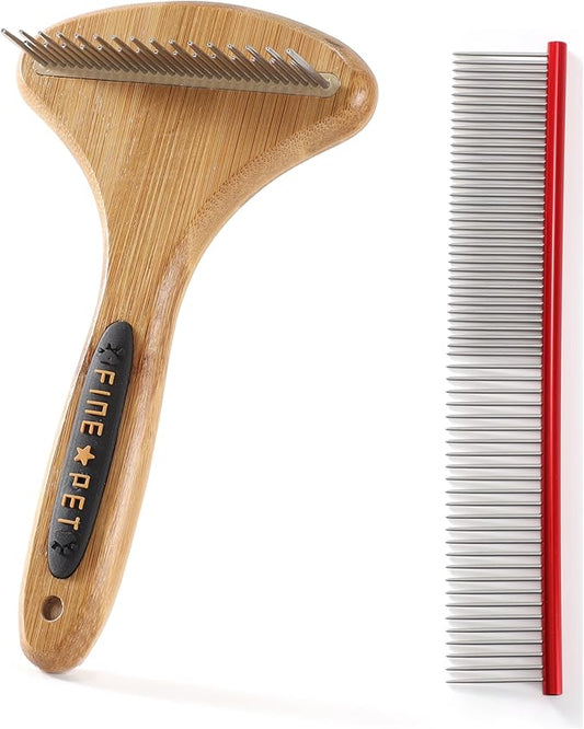 Dog Rake for Undercoat & Stainless Steel Shedding Comb for Long Hair Dogs and Cats 2 Pack Pet Grooming Kit of Deshedding Brush and Metal Comb for Detangling Matted Fur