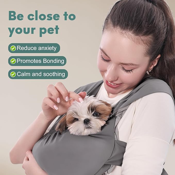 Supet Dog Sling Carrier for Small Pets, Hands Free Cat Sling, Reducing Back Neck Pain Anti-Anxiety Puppy Front, Adjustable Soft Dog Carrying (Grey, Plus 7-15 Lbs)