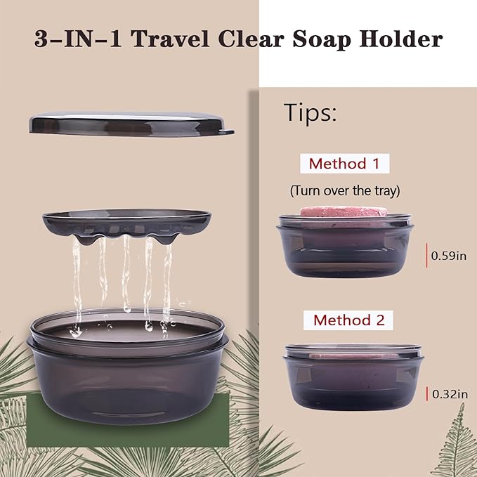 Travel Soap Case,Travel Soap Container with Drain Tray,Shampoo Bar Case with Lid for Shower, Traveling, Camping(Clear Black)