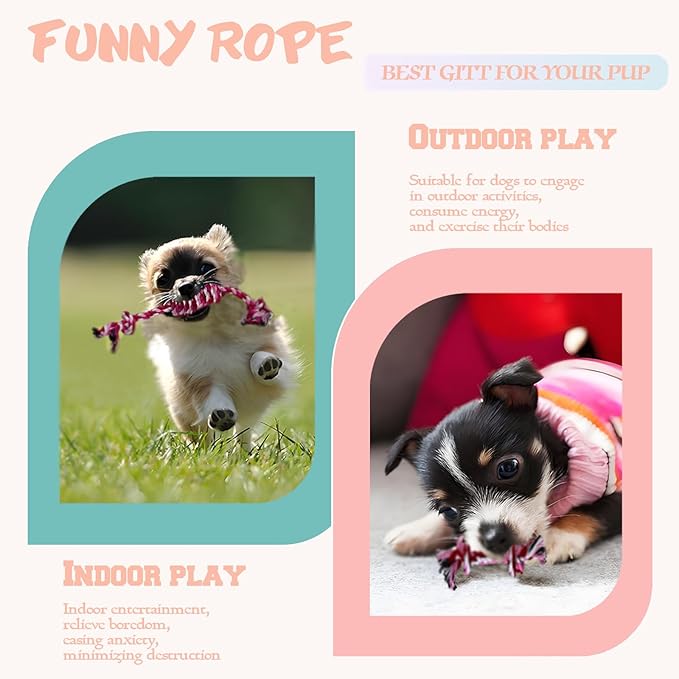 Puppy 3 Pack Cotton Knot Rope Toys for Small Dogs & Puppies, Durable Teething & Tug of War Chew Toy, Safe Interactive Toy for 2-8 Months Pets and High Active Puppy (Pink, Small)