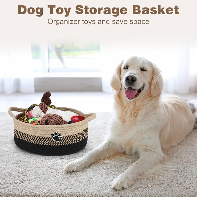 Dog Toy Easter Basket, Toy Box and Bin for Dog Cat Storage, 13.5" X 11" X 5" Small Woven Rope Basket for Baby Storage, Closet, Living Room, Brown & Black