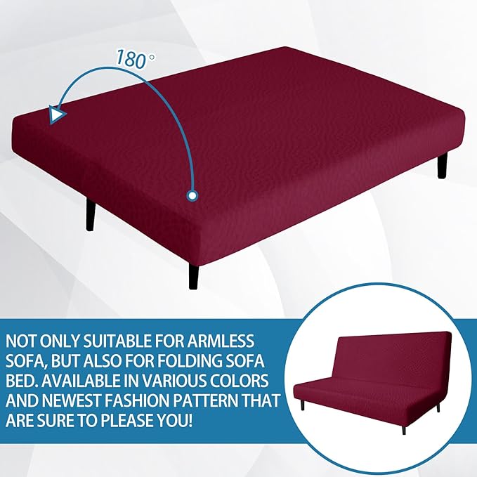 ZNSAYOTX Fashion Futon Cover (67"-82") Stretch Fit Armless Sofa Bed Slipcover, Universal Foldable Sofa Mattress Protector Full Queen Size, Irregular Plaid Texture Jacquard Futon Protector (Wine Red)