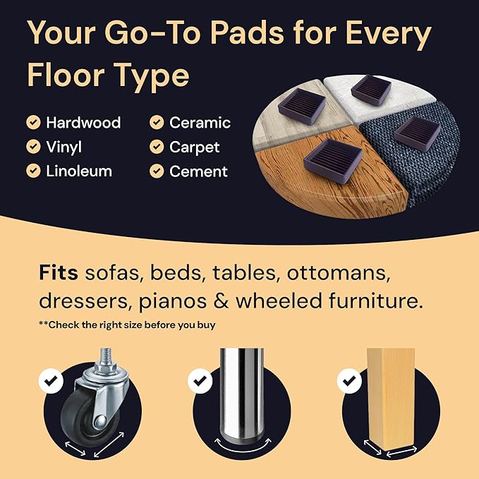 CasterMaster Rubber Feet Non-Slip Furniture Pads Square - 3 x 3 in Brown 8-Pack - Floor Protectors for Chairs & Hardwood Floors - Keep Furniture from Sliding