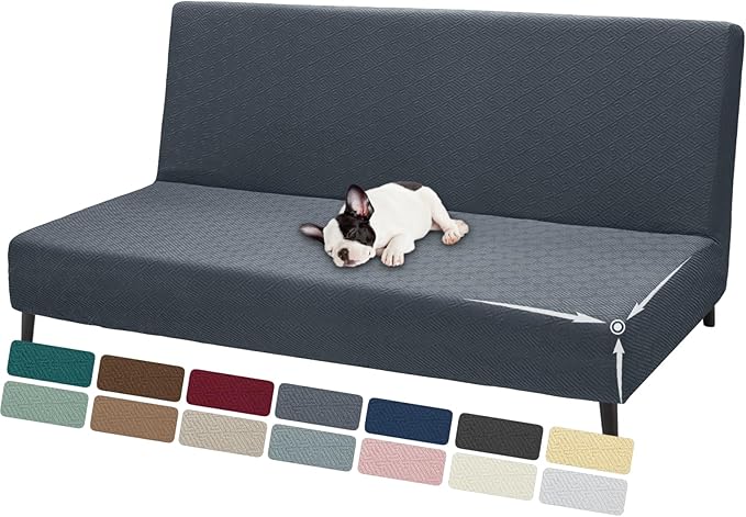 ZNSAYOTX Stretch Fit Futon Cover (67"-82") Armless Futon Sofa Bed Slipcover with Elastic Band, Universal Foldable Sofa Mattress Protector Full Queen Size, Washable Comfort Jacquard (Dark Grey)