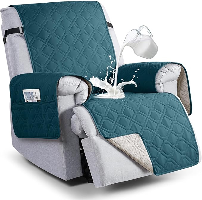 VANSOFY 100% Waterproof Recliner Chair Covers, Recliner Cover Non-Slip Dog Chair Cover Furniture Protector Washable Slipcover with Pocket, Elastic Straps for Pets, Dogs(Peacock Blue, 25")