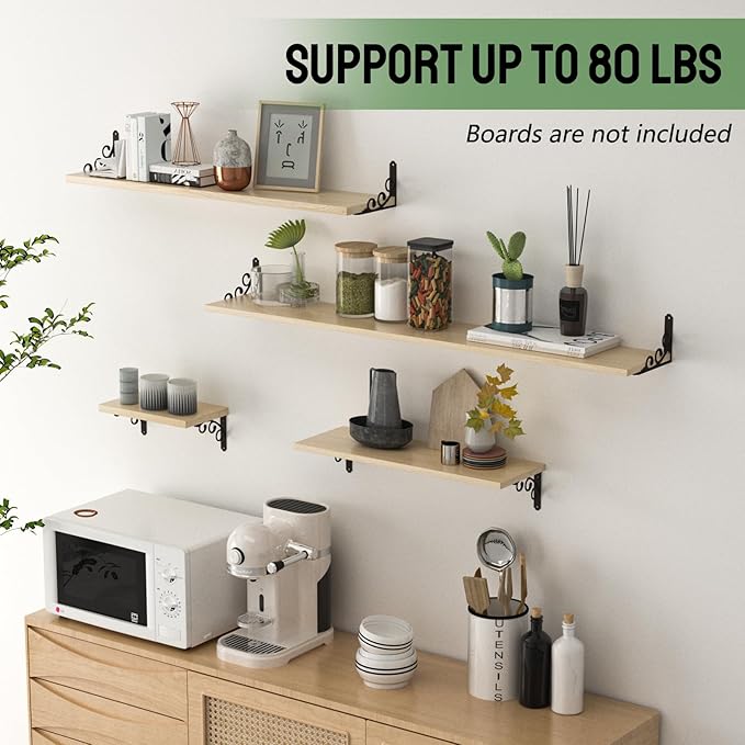 L Shelf Brackets for 4" 5" Board, Floating Shelf Bracket Heavy Duty Metal Shelving Brackets for Shelves, Decorative Iron Rustic Wall Brackets for DIY Floating Shelf, 6 Pack Black