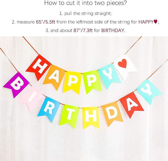 LOVENJOY Pre-strung Assembled Happy Birthday Banner Rainbow Bunting Decorations, Durable Felt Fabric Reusable