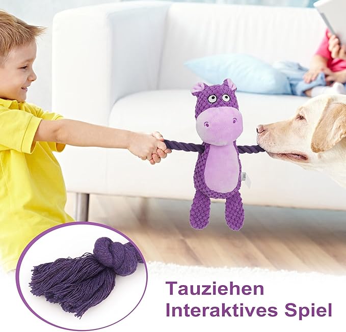 TONYFY Dog Toys, Dog Squeaker Toys with Crinkle Paper, Stuffed Animal Dog Plush Chewing Toy, Cotton Rope Interactive Toys for Puppy, Small, Middle Dogs (Purple Hippo)