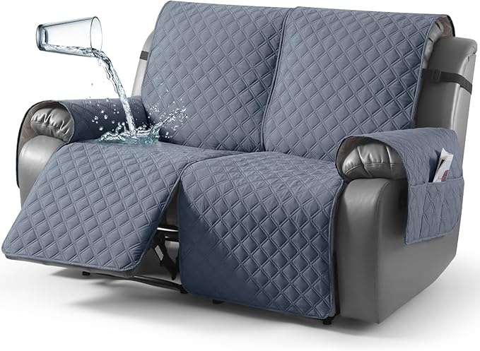 TAOCOCO 100% Waterproof Recliner Couch Covers, Recliner Sofa Covers with Leg Straps, 1-Piece Washable Reclining Sofa Cover with Pocket Couch Protector for Pets Kids(2 Seater, Bluish Grey)