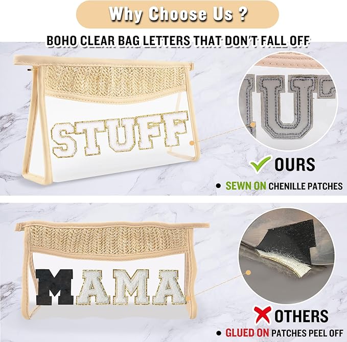 Boho Clear Makeup Letter Patch Makeup Bag STUFF Pouch, Clear Toiletry Bags Travel Small Cute Stadium Chenille Letter Cosmetic Zipper Pouch Purse, Waterproof Glitter Makeup Organizer for Women(STUFF)