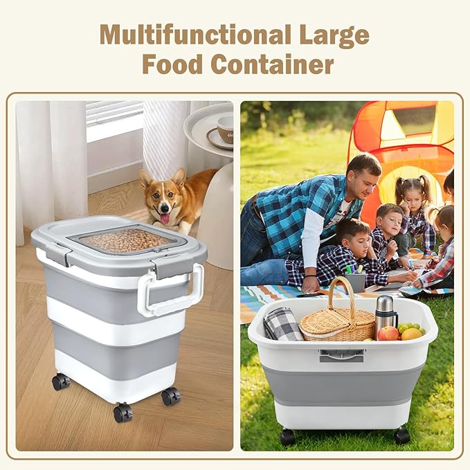 Komzon Rice Storage Container, Collapsible Airtight 10-40 Lb Rice Storage Container, Pet Dog Food Storage Container 25lb, Rice Dispenser Bin with Cup and Scoop for Flour Cereal Pasta Grain, Cat Bird