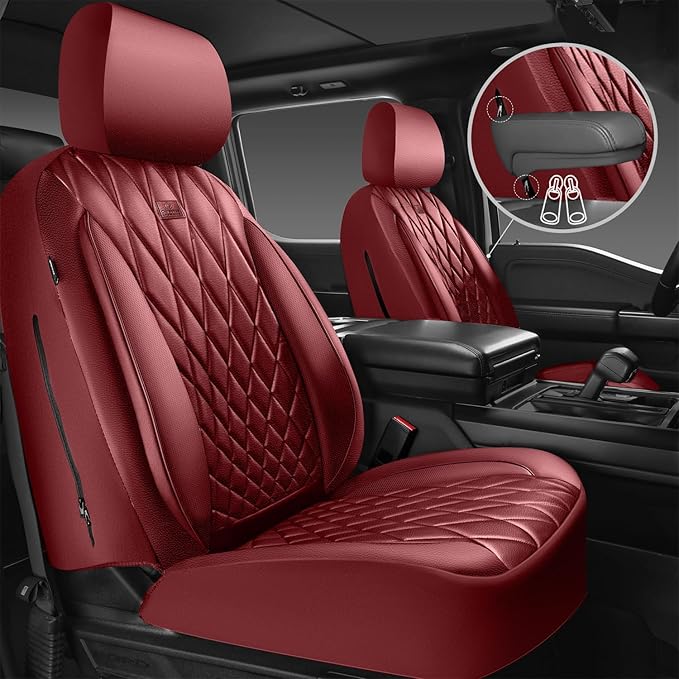 CAR PASS Piping Luxury Faux Leather Seat Covers Full Set, Premium Delux Anti-Slip Waterproof Automotive Seat Cover Universal Fit for Sedans Suvs Vans Trucks, Armrest & Airbag Compatible, Burgundy Red
