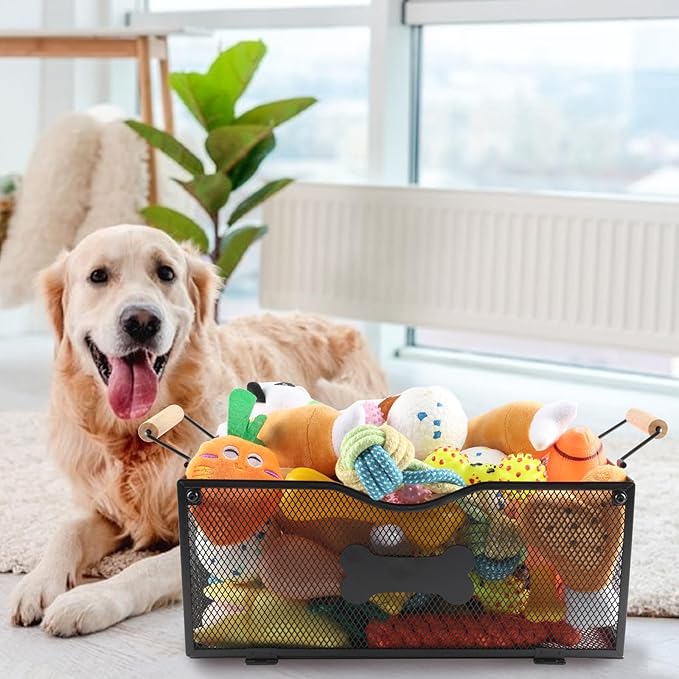 Metal Dog Toy Basket Medium,Mesh Wire Baskets for Pet Toy,Collapsible Cat Toy Bin with Wooden Handles,Dog Storage Organizer,Ideal for Dog Cat Accessories-Easy Assemble