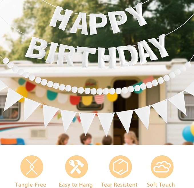 CANREVEL Pre-Strung 3D Happy Birthday Banner, 3 PCS White Happy Felt Garland, Pom Pom Garland, Triangle Fabric Bunting, Reusable White Birthday Decorations