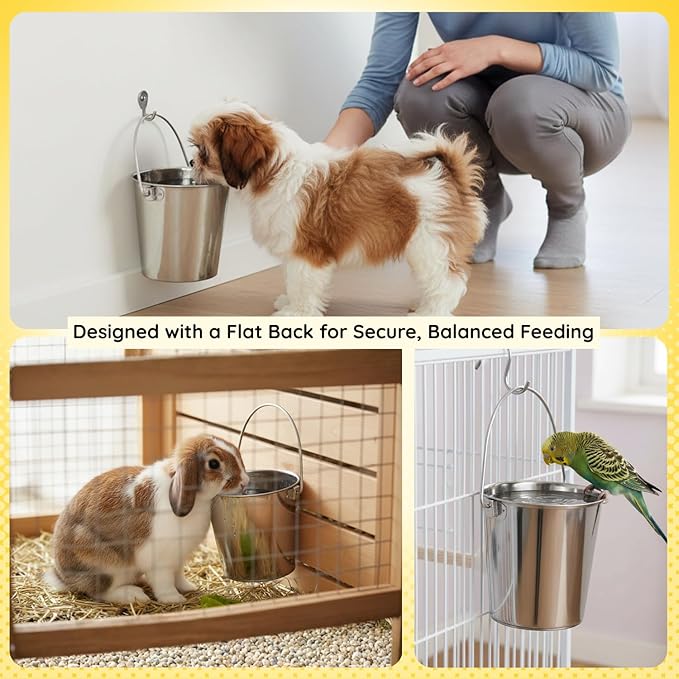 AASPIRE PETS 2 quart Stainless Steel Flat Side Bucket | 0.5 gal Durable Heavy Duty Food & Water Feeding Pails for Small Pet Birds Dog Cat | Fits kennel Cages Critter Crates Hanging Pail | Multipurpose
