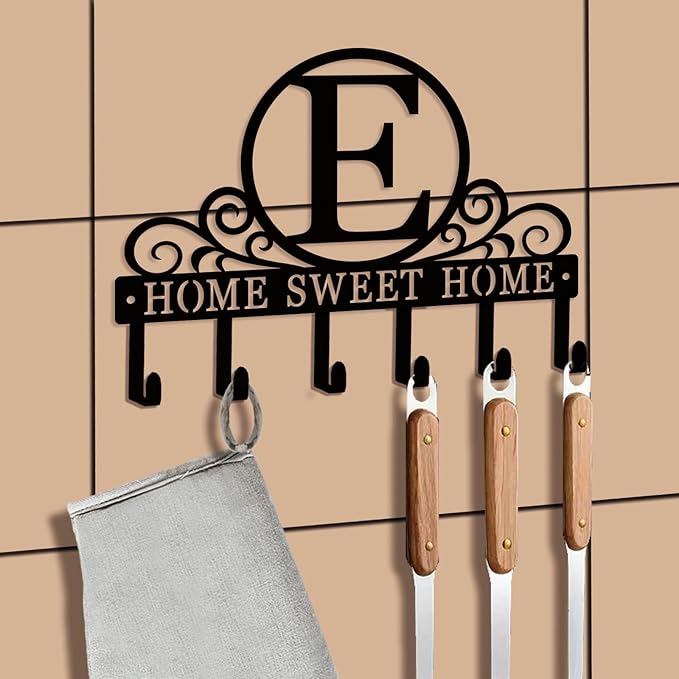 Metal Letter E Key Holder for Wall, Decorative Metal Key Holder Wall Mount, Key Hooks Coat Rack Monogram Wall Decor, Perfect for Bathroom, Living Room, Kitchen, Anniversary Housewarming Gift