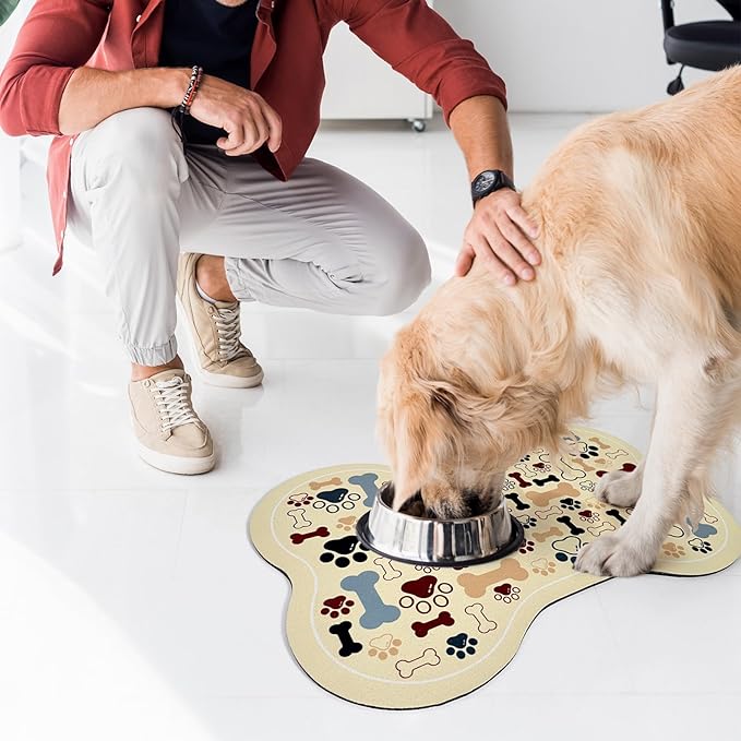 Dog & Cat Food Mat Bone Shaped Pet Feeding Mat Quick Absorb Water Bowl Placemat with Rubber Backing Indoor Floor Stain Resistant Pet Accessory Supplies (Beige, 12x18 Inches)