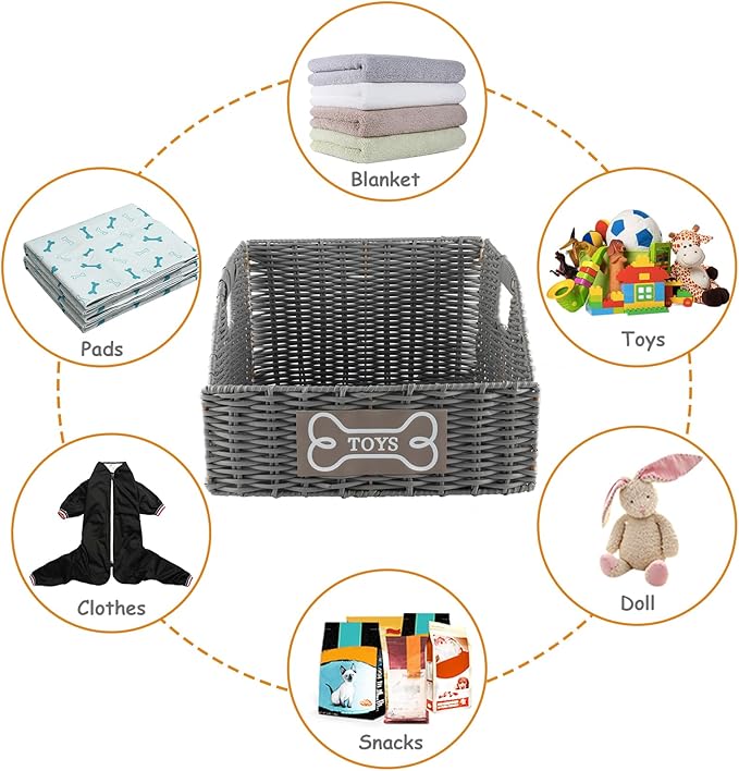 Geyecete Wicker Dog Toy Basket, Collapsible Plastic Vine Storage Bin with Handles, Grey, 840 Count, Pet Organization, Living Room, Bedroom, Bathroom, Nursery Room