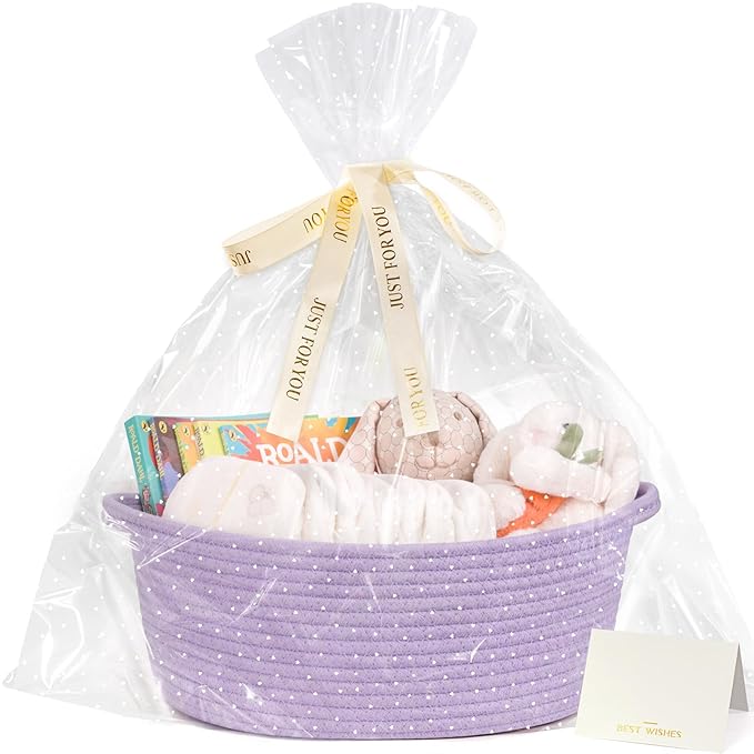 CHICVITA Gift Basket Empty, Small Easter Basket with Gift Bags & Ribbon for Easter, Dog Toy Storage, 12"x 8"x 5", Purple