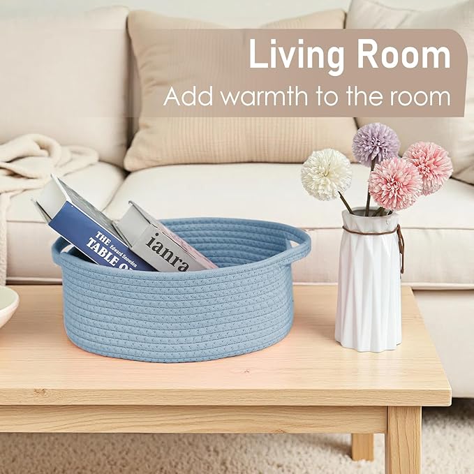 JMvicyroam Woven Basket,Small Rope Storage Bin with Handles & Ribbon Bag, Organizer for Shelves Closets,Gift Basket Empty for Birthday,Books,Dog Toys, Blue/2 Pack