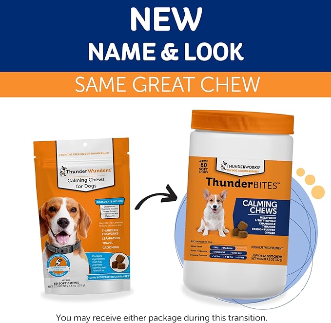 ThunderBites Dog Calming Chews, Thiamine, L-Tryptophan, Melatonin and Ginger, Can Help Relieve Stress from Separation, Storms, Fireworks & Travel (60 Count), formerly ThunderWunders