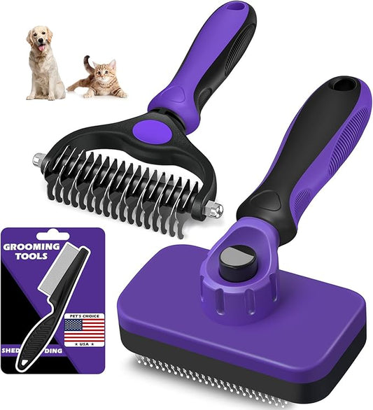 3PCS Self Cleaning Slicker Brush & Pet Grooming Rake & Flea Comb for Dogs,Cats and Horses | Double-Sided Dematting Comb & Skin Friendly Deshedding Grooming Tool | Premium Pet Supplies (Purple Black)