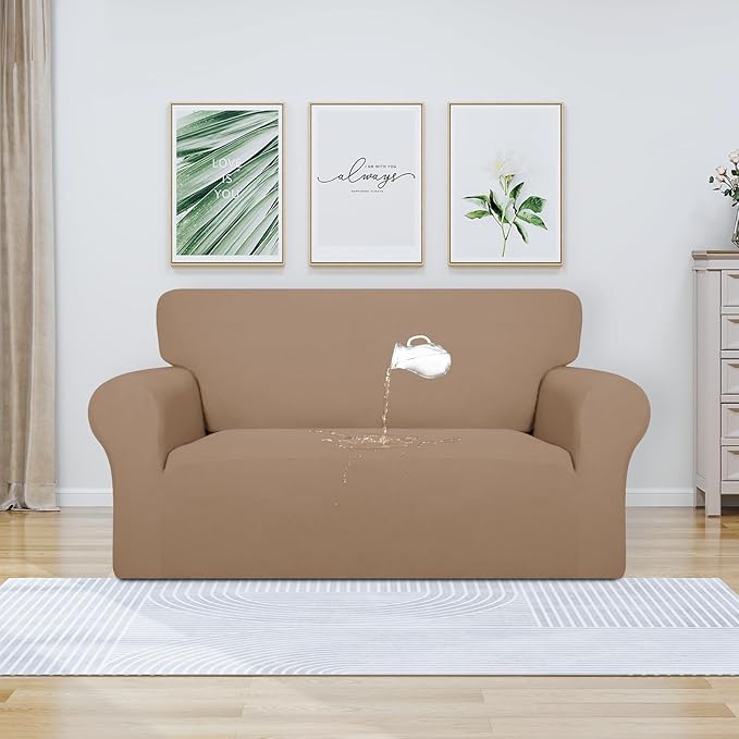 PureFit 100% Dual Waterproof Couch Cover Slipcovers for Couches and Sofas - Stretch Non Slip Fleece Sofa Covers Washable, Leakproof Furniture Protector for Kids, Pets, Dog (Loveseat, Camel)