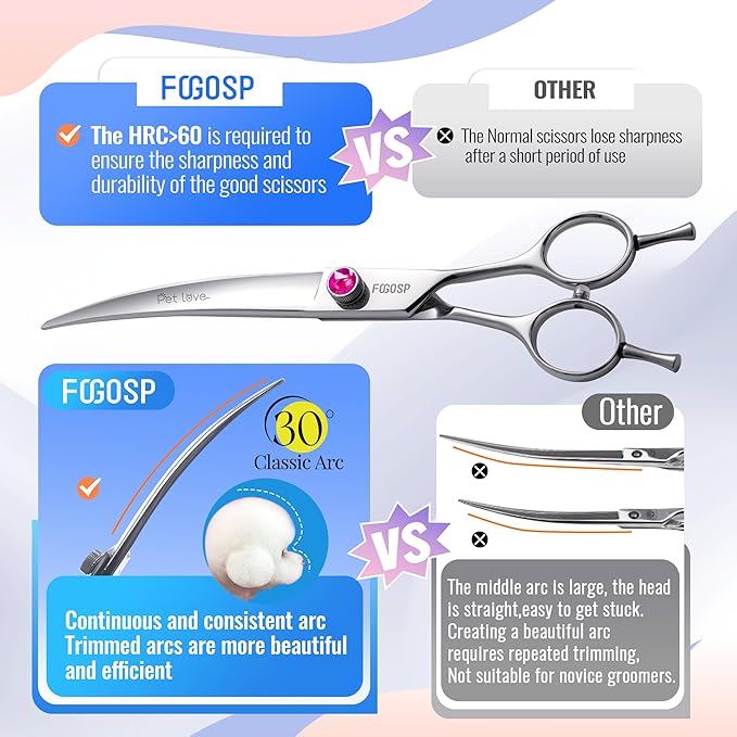 Curved Dog Grooming Scissors 7.5 inch Professional Curved Shears Dog Grooming for Poodle Large Dog Pet 30 Degree Japanese 440C Right Handed Super Sharp Purple Diamond(7.5,Curved)