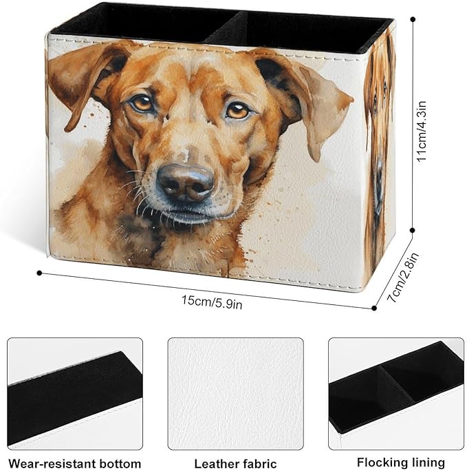 Famame Brown Dog Watercolor Pencil Holder for Desk, Leather Desktop Container Pen Cup Storage Study Table Pen Organizer Makeup Brush Holder for Classroom Office Home