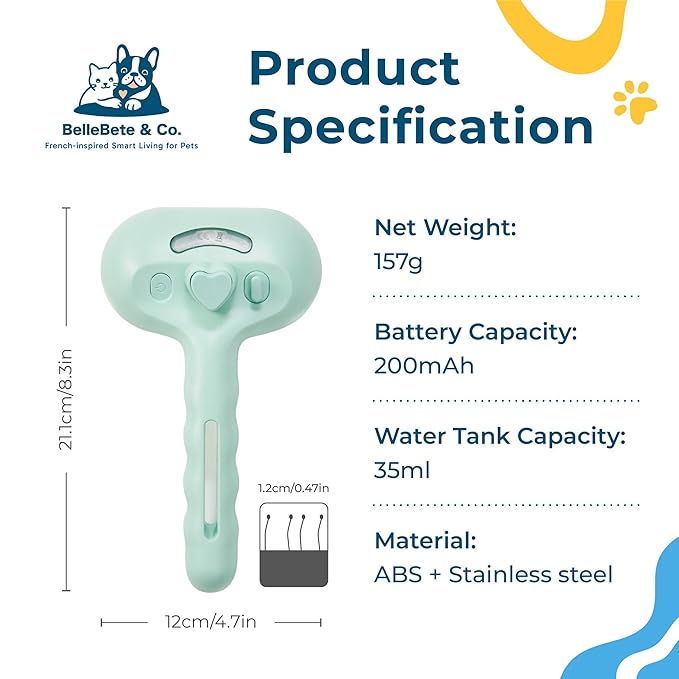 BelleBête & Co. Pet Steam Brush for Dog and Cat, Pet Hair Removal Grooming and Shedding Tool with One-Click Easy Self-Cleaning, USB Charging, No-Rinse Conditioning, Combs for Animals | Green