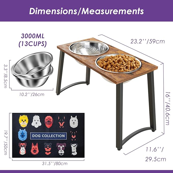 TIDANT Elevated Dog Bowls for X-Large Dogs with Spill Proof Mat 2 X-Large 3000ML(13CUPS) Stainless Steel Dog Bowls, 16.5" Tall Raised Dog Bowl Stand,Dog Food & Water Bowls for Large, Extra Large Dogs