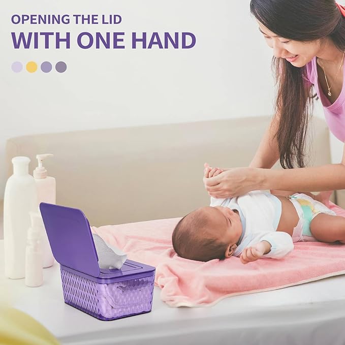 Whiidoom Wipes Dispenser, One-Handed Operation Wipe Holder for Baby & Adult, Seal-Designed Wipes Container for Bathroom Keep Diaper Wipes Fresh (Purple)