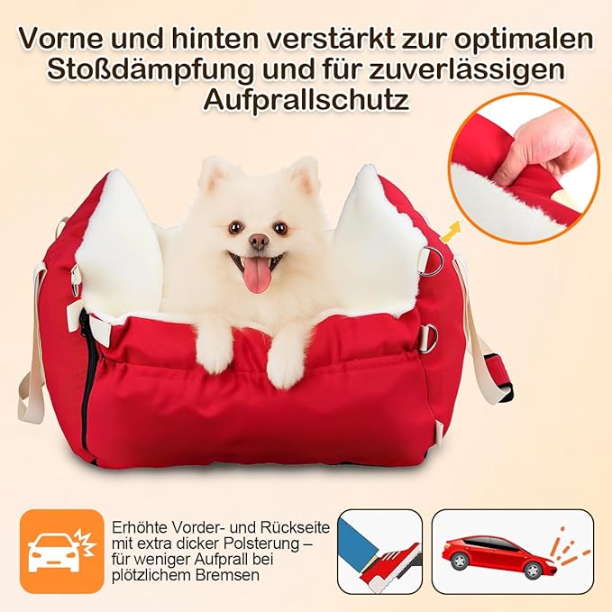 Dog Car Seat for Small Dogs with Extension Zone, Portable Washable Travel Bed for Pets up to 30 lbs, Booster Seat for Front Seat & Camping, Includes Harness Clip – Red