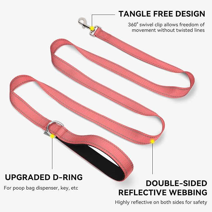 Joytale Dog Leash, 5 FT Double-Sided Reflective, Padded Handle Nylon Heavy Duty Leashes for Medium & Large Dogs Walking, Neon Pink