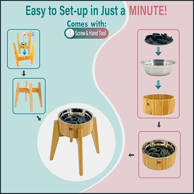 Dog Bowl Slow Feeder - 12-inch Tall, Elevated, Raised Single Food Station with Stand and Slow Feeder Insert, Suitable for Treats, Wet/Dry Pet Foods