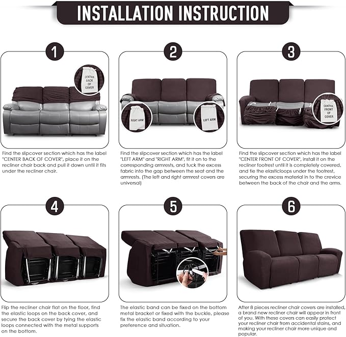 TAOCOCO Recliner Couch Covers for 3 Seat, 8-Pieces Stretch Large Couch Covers for 3 Seats Reclining Slipcovers Soft Jacquard Pattern Furniture Protector, Chocolate