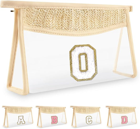 Personalized Initial Letter Bag Boho Straw Clear Makeup Bag,Small Cute Chenille Varsity Letter Pouch With Zipper,Beach Travel Toiletry,Portable Monogrammed Cosmetic Bag for Women Girls,O