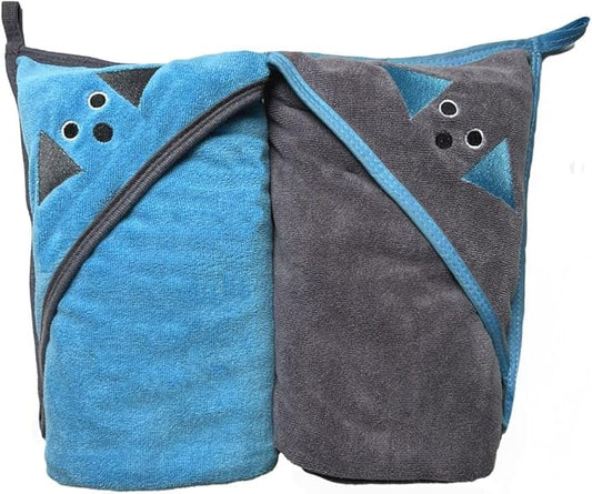 Penny & Niko Multi Purpose Microfiber Pet Towel - Drying Towel/Hooded Robe for Dogs and Cats (30 x 30-2 Pack, Blue/Gray)