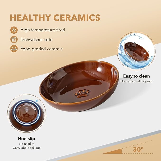2 Sets of Elevated Ceramic Paw Print Cat Dish, Wide Whisker Friendly Anti-Slip Food & Water Bowl with 2 Heights Adjustable Stands - Pet Bowl Set for Cats (2 Dishes +2 Stands, Caramel Brown)