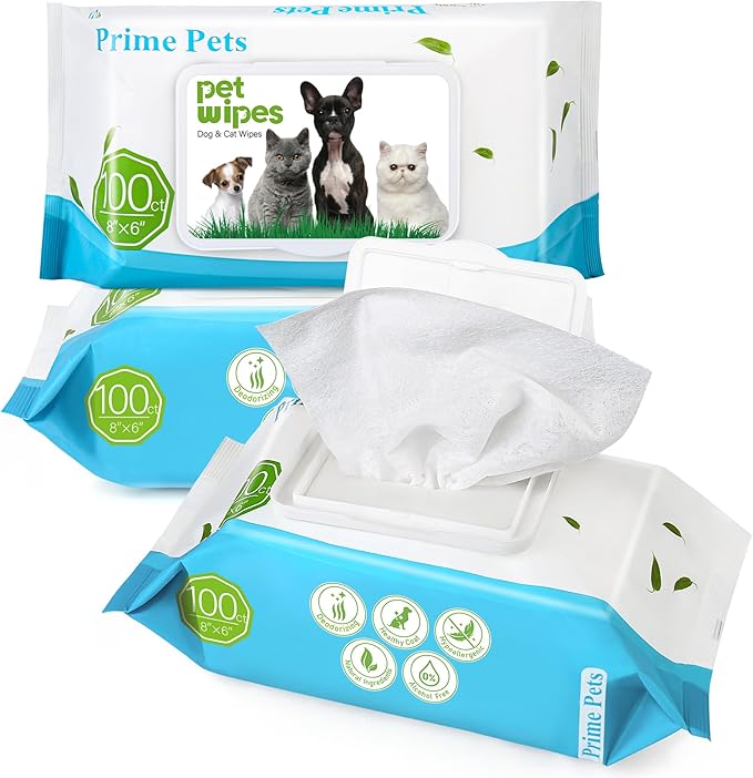 Prime Pets Dog Wipes for Paws and Butt, 300 Count, 8" x 6" Pet Grooming Wipes for Dogs Cats Cleaning Deodorizing, Unscented Dog Paw Wipes, Puppy Wipes for Face Bum Eyes Ears Teeth