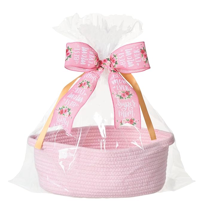 Small Woven Gift Basket Empty with Bag & Ribbon - Gifts for Mom, Baby Shower, Birthdays & Raffle - Cotton Rope Storage Basket for Dog Toys or Shelf - 12"x8"x5", Pink/Pink Ribbon