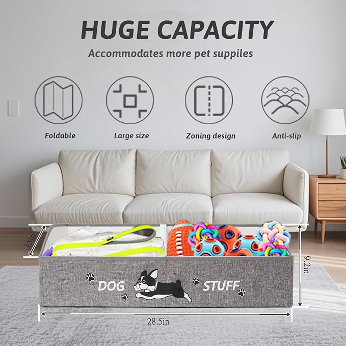 kiviron Large Dog Toy Basket with Handles, 28.5" Collapsible Multi-Purpose Hard Board Dog Toy box, Clothes, Dog toy storage (Grey,Cream)