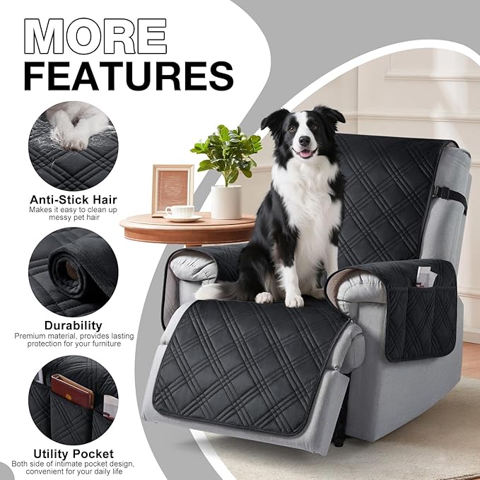 TAOCOCO 100% Waterproof Recliner Chair Cover, Recliner Covers for Recliner Chair with Pocket, Non Slip Reclining Chair Cover Furniture Protector for Kids, Pets(23.6'', Black-Velvet)
